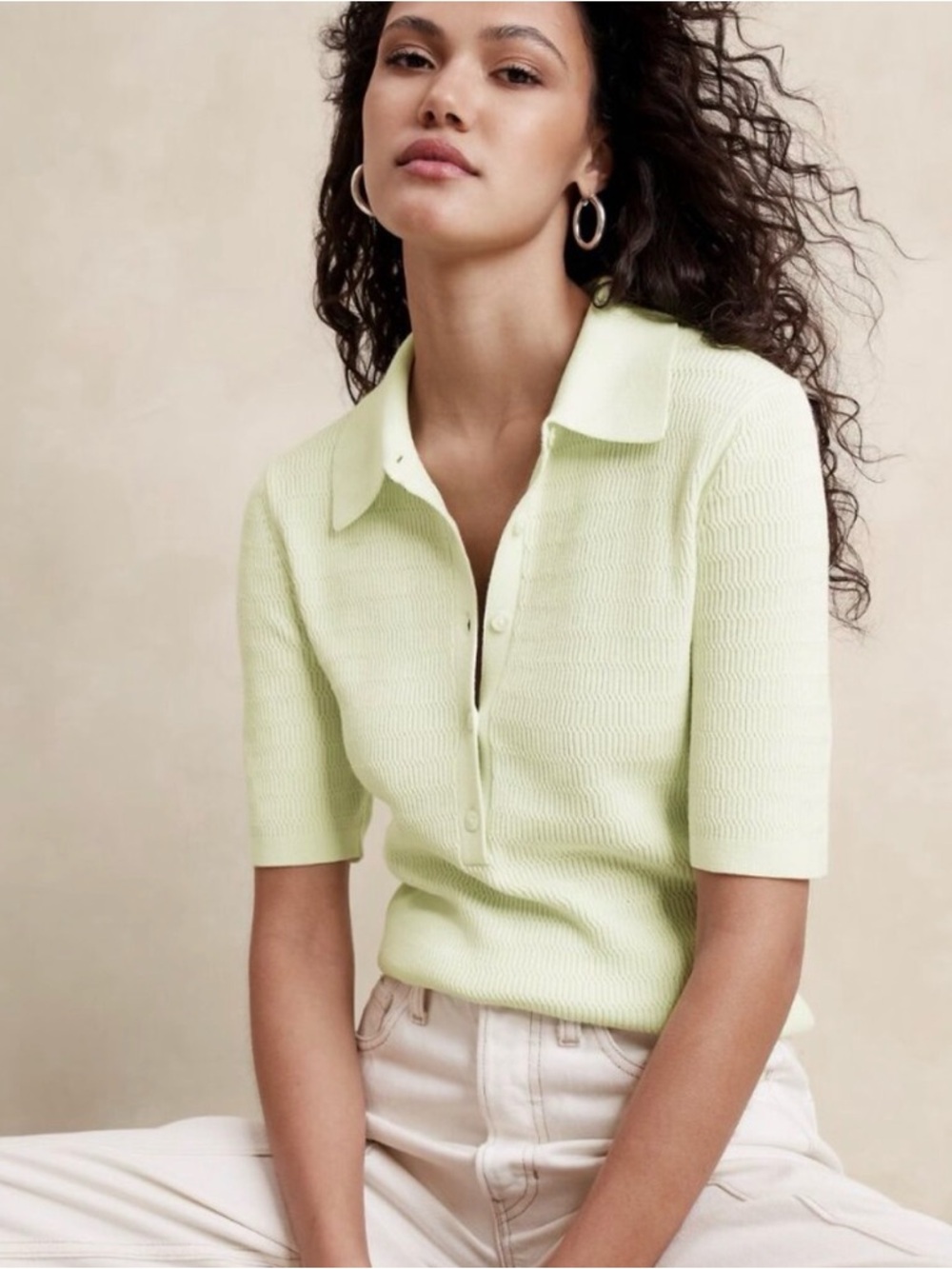 NWT Banana Republic Light Green Polo Knit Top Celery Sz L